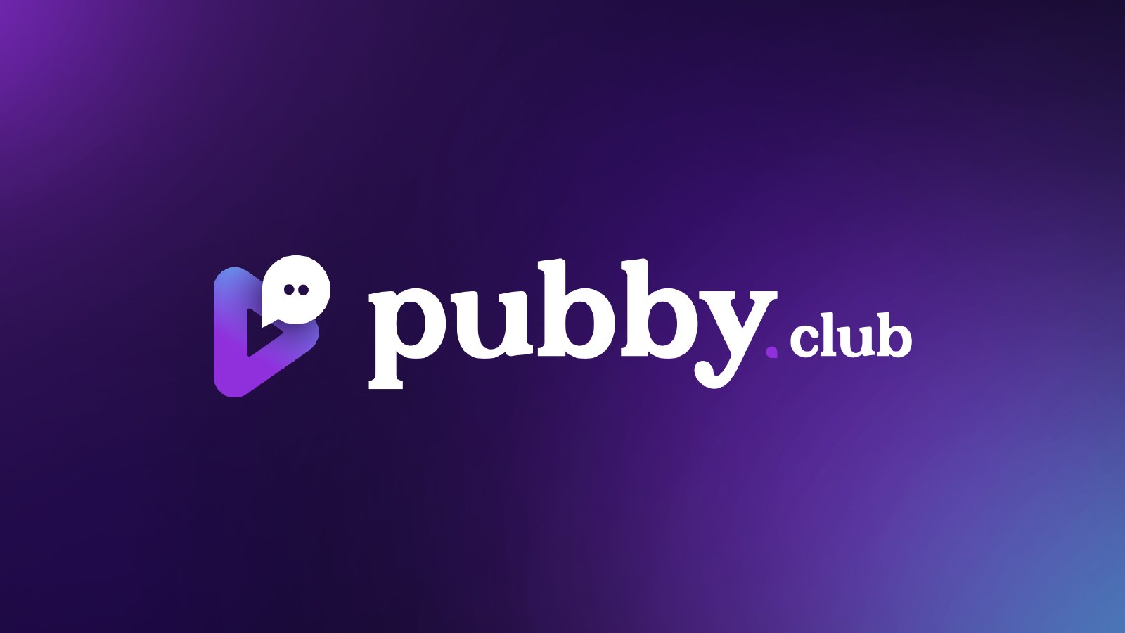 A nova marca do Pubby.club: símbolo e logo sobre fundo em degradê de roxo para azul