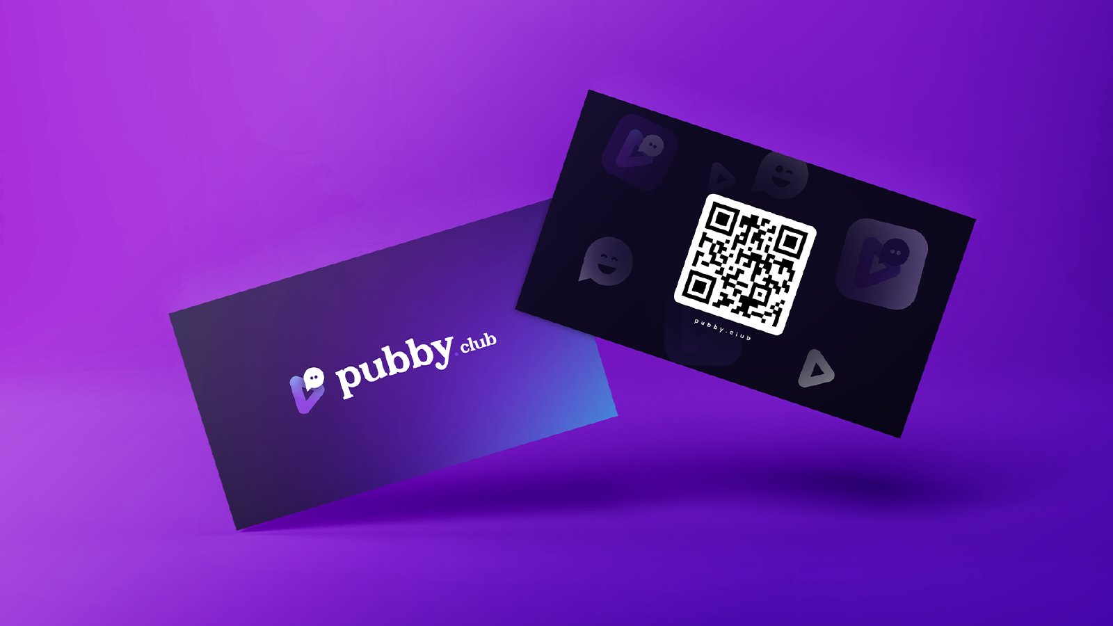 Cartões de visita com o logo do Pubby de um lado e um QR code do outro