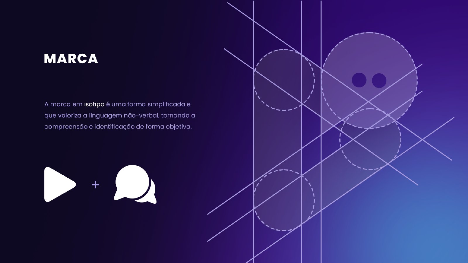 Construção do símbolo: o play e o balão de conversa se encaixam em uma só forma