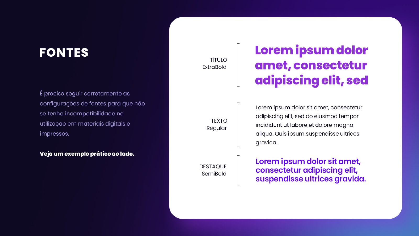 Exemplo de uso das fontes: título em ExtraBold, texto em Regular e destaque em SemiBold