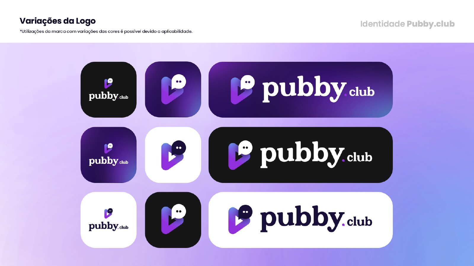 Variações do logo: versão compacta, só o símbolo e versão horizontal, em fundos roxo, preto e branco