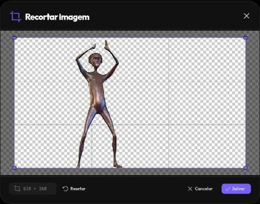 Ferramenta "Recortar imagem", com o tamanho final e os botões Resetar, Cancelar e Salvar
