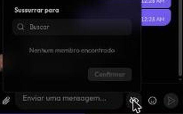 Menu "Sussurrar para", com busca de membros da sala